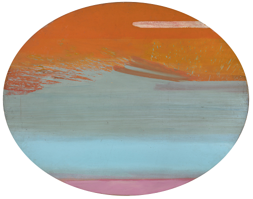 Created by Ed Clark. Oval-shaped abstract acrylic painting with large horizontal brush strokes and three fields of color. The canvas, shaped like a horizontal ellipse, is covered by three main fields of color: orange-red at the top, blue-green in the middle, and pink at the bottom.